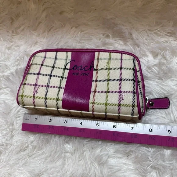 Coach Peyton Tattersall Coated Canvas and Leather Plaid Pink Stripe Cosmetic Bag - Picture 6 of 9